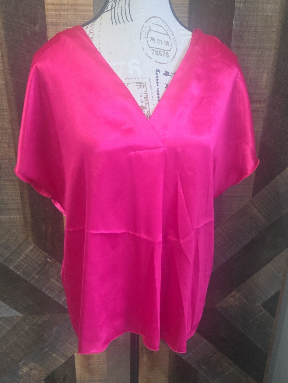 Nicole Miller Hot Pink Satin V-Neck Tunic Top